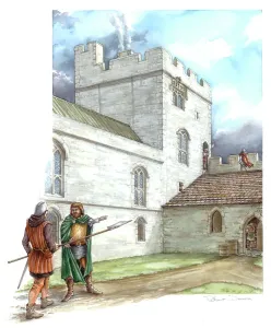 Prints of PORTCHESTER CASTLE, Hampshire. Reconstruction drawing of Astons Tower in the mid 14th century by Peter Dunn (English Heritage Graphics Team) Hampshire Prints: Print of Portchester Castle in mid 14th century