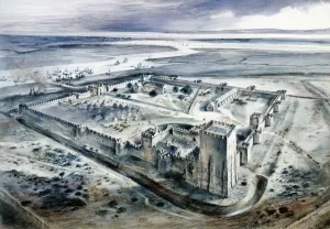 Prints of PORTCHESTER CASTLE, Hampshire. Reconstruction drawing by Alan Sorrell of the castle as it might have appeared in the 15th century Monuments And Memorial Prints: Portchester Castle Print, 15th-century Reconstruction
