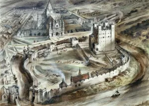 Prints of ROCHESTER CASTLE, Kent. Aerial reconstruction drawing by Alan Sorrell showing the castle as it might have appeared in the fifteenth century Castle Prints: Rochester Castle Aerial Reconstruction Print