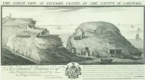 Castle Prints: Tintagel Castle North View Print, 1734 Engraving