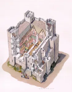 Prints of DOVER CASTLE, Kent. A conjectural reconstruction drawing of furniture and decoration of the keep during a royal visit in about 1190 Castle Prints: Dover Castle Keep Reconstruction Print c. 1190
