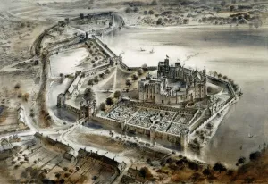 Prints of KENILWORTH CASTLE, Warwickshire. Reconstruction drawing of the castle as it might have appeared in 1575 by Alan Sorrell Warwickshire Prints: Print of Kenilworth Castle Reconstruction