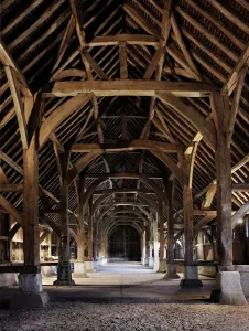 Prints of HARMONDSWORTH GREAT BARN, Greater London. Interior view. Medieval timber framed barn built in 1426-7 by Winchester College Middlesex Prints: Harmondsworth Great Barn Print, Interior View