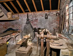 Prints of BOSCOBEL HOUSE, Staffordshire. Interior of the smithy with forge, anvil and bellows. Blacksmith Staffordshire Prints: Print of The Smithy at Boscobel House, Staffordshire