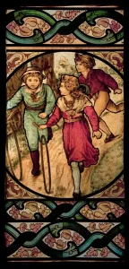 Prints of GREAT YARMOUTH ROW HOUSES, Norfolk. Row 111. Decorative glass in door showing children at play Victoriana Prints: Decorative Glass Print: Row House Door Scene