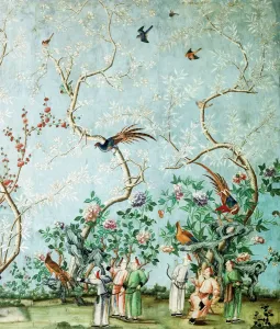 Prints of Wrest Park, Silsoe, Bedfordshire. Chinese wallpaper depicting a hunting party of men with bows and arrows in a wooded landscape with birds Bedfordshire Prints: Wrest Park Hunting Party Print