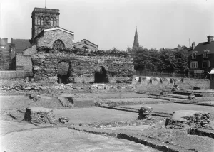 Prints of The Jewry Wall, St Nicholas Circle, City Of Leicester. The Jewry Wall and Roman Bath House remains with St Nicholass Church in the background, photographed in 1959 by the Ministry Of Works Bath Prints: Jewry Wall Roman Bath House Print