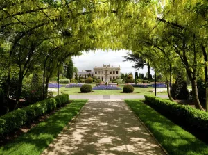Prints of BRODSWORTH HALL AND GARDENS, South Yorkshire. View of the house through the Laburnum arch South Yorkshire Prints: Brodsworth Hall Print: Formal Gardens View through Laburnum Arch