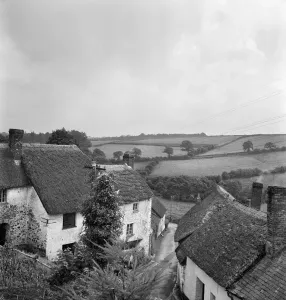 Prints of A view from an elevated position over an unidentified village lane, showing foliage in the foreground, with thatched cottages and a rural landscape of fields beyond House And Home Prints: English Village Print A079531 - Thatched Cottages and Fields