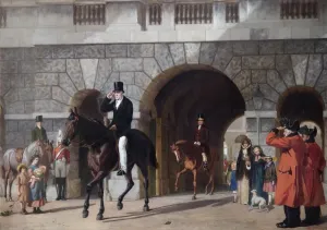 Prints of APSLEY HOUSE, London. His Last Return for Duty 1853 by James W GLASS (1825-57). Wellington riding from Horse Guards. WM 1562-1948 Victoriana Prints: Print of Wellington Riding Away from Apsley House