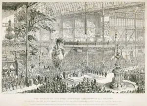 Prints of GREAT EXHIBITION OF 1851, Hyde Park, Westminster, London. Crystal Palace. Opening of the Great Exhibition. Interior etching by G Cruikshank. Proof engraving from the Mayson Beeton Collection Victorian Architecture Prints: Gilded Crystal Palace interior print