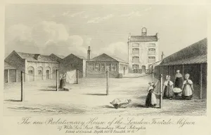 Prints of Probationary House Of The London Female Mission, 57 White Lion Street, Islington, London. An engraving showing women hanging washing on the line in the courtyard at the rear, circa 1836 Georgian Life Prints: London Female Mission Print: Courtyard Laundry Scene