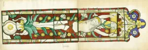 Prints of St Mary The Virgins Church, Westwood, Wiltshire. Two joined watercolours, by Elsie Matley Moore, covering the upper and lower part of a stained glass window showing a Crucifixion scene Sculpture Prints: Print of a Crucifixion scene in watercolour on stained glass window