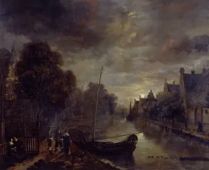 Prints of BRODSWORTH HALL, South Yorkshire. A Canal in a Dutch Town by Moonlight by Aert Van Der NEER (1603/4-77) South Yorkshire Prints: Print of a Dutch canal scene under moonlight