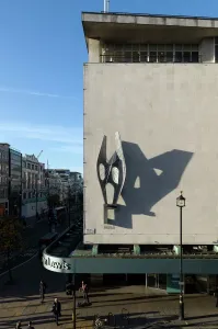 Barbara Hepworth Winged Figure Print, mounted on a building elevation