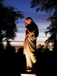 Prints of BRODSWORTH HALL, South Yorkshire. General view of a statue at night during a son-et-lumiere event Sculpture Prints: Brodsworth Hall Garden Statue Print at Night