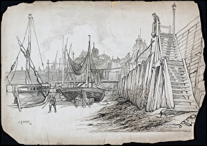 <b class=qtipBold><figcaption>Folkestone, Kent CGH01_01_1133</figcaption></b><br>Folkestone, Kent. Fishing boats in the harbour. Drawn by C G Harper between 1892-1933.<br><em>© Historic England Archive</em> Folkestone, Kent CGH01_01_1133