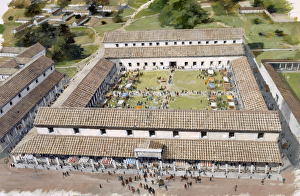 <b class=qtipBold><figcaption>The forum at Wroxeter J980160</figcaption></b><br>WROXETER ROMAN CITY, Shropshire. Aerial reconstruction of the forum as it may have looked by Ivan LAPPER.<br><em>© Historic England</em> The forum at Wroxeter J980160