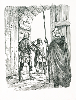 <b class=qtipBold><figcaption>Frontier negotiation IC048/016</figcaption></b><br>Hadrian's Wall. Reconstruction line drawing of soldiers at a gateway. Based on Poltross Burn Milecastle. Attributed to Philip Corke. c.1985 - c.2000. hadrian<br><em>© Historic England</em> Frontier negotiation IC048/016