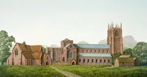 <b class=qtipBold><figcaption>Furness Abbey J900267</figcaption></b><br>FURNESS ABBEY, Barrow in Furness, Cumbria. A reconstruction painting of Furness Abbey by Frank Gardiner (English Heritage Graphics Team).<br><em>© Historic England</em> Furness Abbey J900267