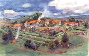 <b class=qtipBold><figcaption>Gargrave Roman Villa IC042_001</figcaption></b><br>Reconstruction drawing, by Judith Dobie, showing Gargrave Roman Villa, also known as Kirk Sink Roman Villa, and its associated buildings and landscape, as the site may have appeared at the height of its occupation in the second or third century AD.<br><em>© Historic England Archive</em> Gargrave Roman Villa IC042_001