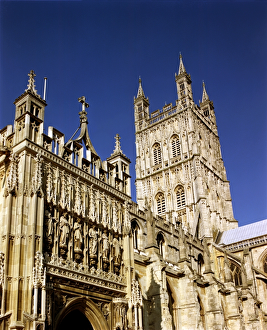 <b class=qtipBold><figcaption>Gloucester Cathedral N000044</figcaption></b><br>GLOUCESTER CATHEDRAL, Gloucestershire. Detail of the crossing tower from the south west.<br><em>© Historic England</em> Gloucester Cathedral N000044