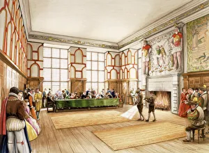 <b class=qtipBold><figcaption>Hardwick Old Hall J980043</figcaption></b><br>HARDWICK OLD HALL, Derbyshire. Reconstruction drawing by Peter Urmston. Bess of Hardwick entertaining in the Great Chamber c1590.<br><em>© Historic England</em> Hardwick Old Hall J980043