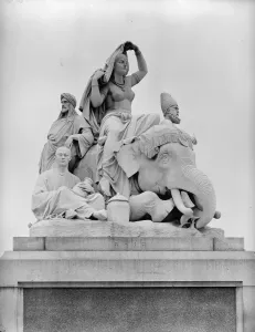 Prints of Albert Memorial, Kensington Gardens, Westminster, London. J H Foleys depiction of Asia featuring an elephant on the corner of the podium base. Photographed by Campbells Press Studio Kensington Gardens Prints: Albert Memorial Print: Asia with Elephant