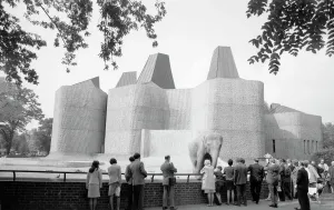 Prints of London Zoo, Regents Park, Greater London. General view of the elephant and rhino pavilion showing crowds and an elephant United Kingdom Prints: Print of the Elephant House at London Zoo, 1965