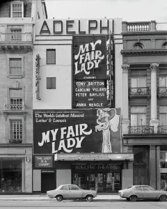 Prints of Adelphi Theatre, Strand, London. Photographed by Paul Barkshire, 2nd November 1980. Lerner and Loewes My Fair Lady, starring Tony Britton, Caroline Villiers, Peter Bayliss and Anna Neagle Art Prints: My Fair Lady Print, Adelphi Theatre, 1980