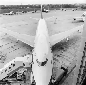 Prints of HEATHROW AIRPORT, Greater London. A BOAC aircraft with boarding steps to left at Heathrow Airport. Photograph by John Gay in 1970 Heathrow Airport Prints: Heathrow Airport Print, A073304