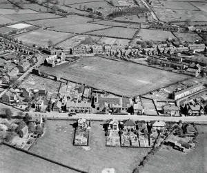 Prints of The Clutsom and Kemp Ltd Elastic Factory and adjacent playing field, Ibstock, Leicestershire. Photographed by Aerofilms Ltd in April 1946 Leicestershire Prints: Elastic Factory Print, Ibstock Leicestershire 1946
