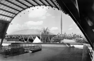 Prints of Festival of Britain, South Bank, Lambeth, London. The upstream section of the exhibition site, seen from the Waterloo Station entrance. Photographed in 1951 Event Prints: Print of the Festival of Britain's South Bank exhibition site