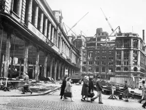 Prints of GREAT CHARLOTTE STREET, Liverpool. View of bomb damage and pedestrians going about their daily routines, May 1941 Historic Images 1920s To 1940s Prints: Bomb Damage Print: Liverpool Street Scene, May 1941