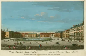 Prints of MAYSON BEETON COLLECTION. A View of St Jamess Square, London'. Coloured engraving by T Bowles c. 1753 Georgian Life Prints: Colour engraving print of St James's Square in London, circa 1753