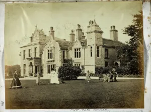Prints of Moor Platt, Chorley Old Road, Horwich, Bolton, Greater Manchester. A group of women and children playing croquet on the lawn in front of Moor Platt Greater Manchester Prints: Print of Women and Children Playing Croquet at Moor Platt