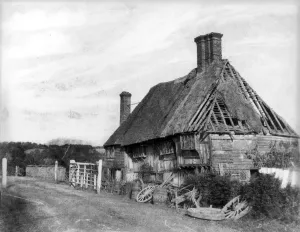 Prints of ROBERTSBRIDGE COTTAGE, Salehurst, East Sussex. A half-timbered cottage in a poor state of repair. Photographed between 1857 and 1861 House And Home Prints: Print of a half-timbered cottage in disrepair