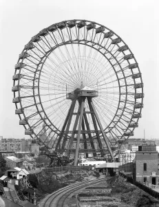 Prints of GREAT WHEEL, Earls Court, London. A view from the railway of the 310 feet high wheel with the entertainment grounds beneath (photo taken late 19th century) Victoriana Prints: Print of the Great Wheel at Earls Court, London