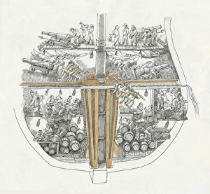 <b class=qtipBold><figcaption>HMS Northumberland IC273_004</figcaption></b><br>A cross-section of the hull of HMS Northumberland as it may have appeared in 1703. On board a number of activities are taking place, including the working of the chain pump.<br><em>© Historic England Archive</em> HMS Northumberland IC273_004