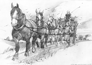 <b class=qtipBold><figcaption>Horses pulling cart IC086_019</figcaption></b><br>Reconstruction drawing by Ivan Lapper showing heavy horses pulling a haycart or goods wagon, driven by two medieval Cistercian monks. This illustration is one of a group created to depict scenes from life at Rievaulx Abbey in the medieval period.<br><em>© Historic England Archive</em> Horses pulling cart IC086_019
