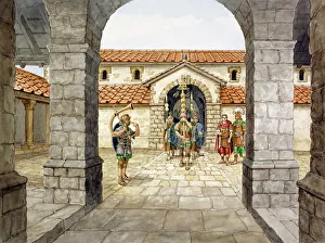 <b class=qtipBold><figcaption>Housesteads Roman Fort J000114</figcaption></b><br>HADRIAN'S WALL: HOUSESTEADS ROMAN FORT (VERCOVICIUM), Northumberland. Reconstruction drawing of Headquarters Building in the early 3rd century by Philip Corke. hadrian<br><em>© Historic England</em> Housesteads Roman Fort J000114