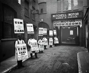 Photos Of Edwardian England Prints: Print of men standing outside a garage in London, wearing sandwich boards