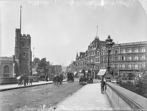 Print of Putney High Street, showing St Mary's Church and Putney Bridge