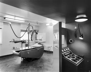 Prints of West Cumberland Hospital, Homewood Road, Homewood, Whitehaven, Copeland, Cumbria. An x-ray room in the radiography department at West Cumberland Hospital showing the control booth Cumberland Prints: West Cumberland Hospital Radiography Control Print