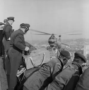Print of a RAF Belvedere helicopter approaching Coventry Cathedral
