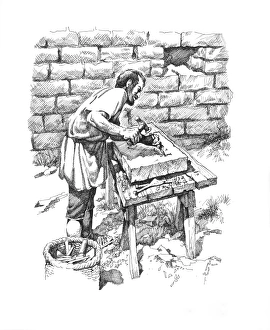 <b class=qtipBold><figcaption>Inscribing a tablet IC048/064</figcaption></b><br>Hadrian's Wall. Reconstruction line drawing of a second-century Roman stonemason at work, creating an inscribed tablet. Based on tjhe tablet set into the wall of Coesike Turret. Drawn by Philip Corke. c.1985 - c.2000. hadrian<br><em>© Historic England</em> Inscribing a tablet IC048/064