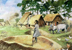 <b class=qtipBold><figcaption>Iron Age farming J950067</figcaption></b><br>SILCHESTER ROMAN CITY WALLS, Hampshire. Reconstruction drawing by Ivan Lapper. Recent research suggests that Iron Age Silchester was much more of an organised large town than the rural settlement that this picture implies.<br><em>© Historic England</em> Iron Age farming J950067