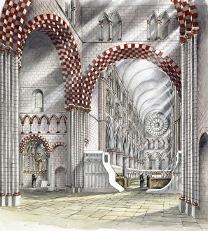 <b class=qtipBold><figcaption>Kirkham Priory J030005</figcaption></b><br>KIRKHAM PRIORY, North Yorkshire. Interior reconstruction drawing of the presbytery in the mid-13th century by Peter Dunn (English Heritage Graphics Team).<br><em>© Historic England</em> Kirkham Priory J030005