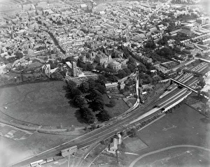 <b class=qtipBold><figcaption>Lancaster Castle EPW002086</figcaption></b><br>LANCASTER, Lancashire. Aerial view of Lancaster with the Castle, church and railway station. Lancaster Castle houses the Shire Hall and County Court and until 2011 it was used as a prison. The castle keep dates from the 12th century. Photographed in July 1920. Aerofilms Collection (see Links).<br><em>© Historic England</em> Lancaster Castle EPW002086