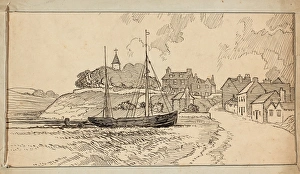 <b class=qtipBold><figcaption>The landing place CGH01_01_1079</figcaption></b><br>A sailing boat on the beach at low tide, by a lane leading up towards a village. Drawn by C G Harper between 1892-1933.<br><em>© Historic England Archive</em> The landing place CGH01_01_1079
